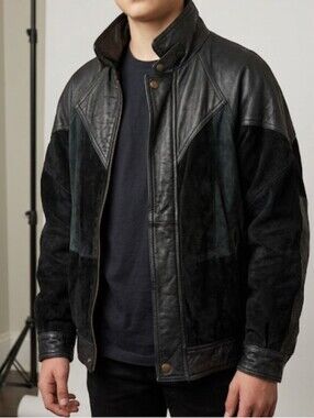 Boys Black Leather & Suede Jacket - Classic Bomber Style